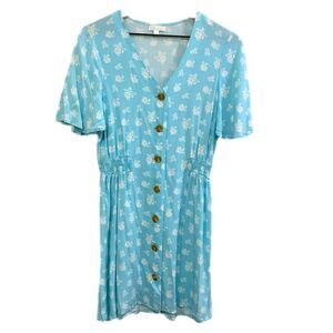 ABOUND Dress Women’s Medium Blue White Floral Button Front Elastic Waist Mini.